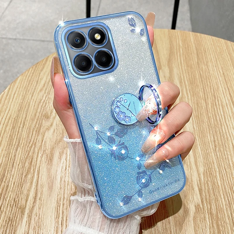 KADEM For Honor X6b 4G Case Ring Kickstand TPU Flowers Phone Cover Gradient Glitter - Purple