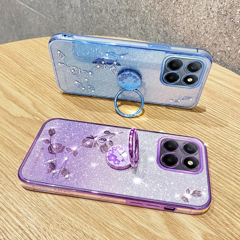 KADEM For Honor X6b 4G Case Ring Kickstand TPU Flowers Phone Cover Gradient Glitter - Purple
