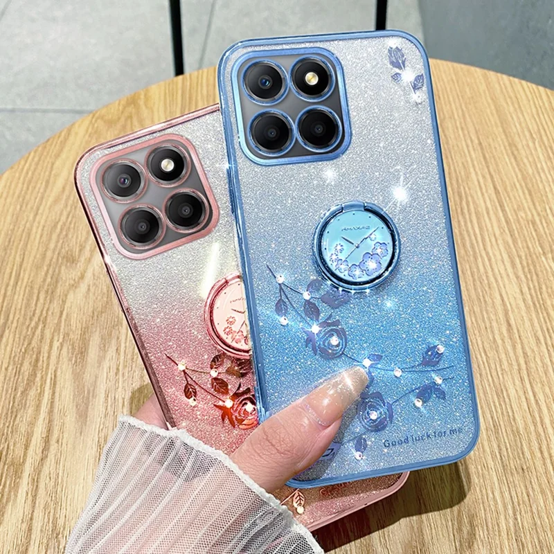 KADEM For Honor X6b 4G Case Ring Kickstand TPU Flowers Phone Cover Gradient Glitter - Purple