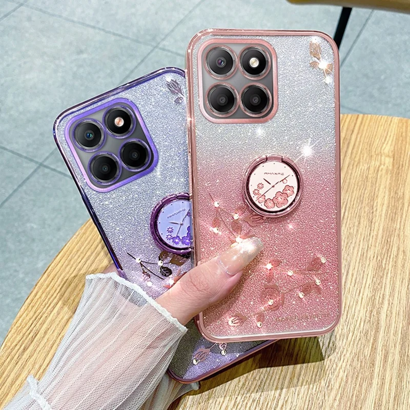 KADEM For Honor X6b 4G Case Ring Kickstand TPU Flowers Phone Cover Gradient Glitter - Purple