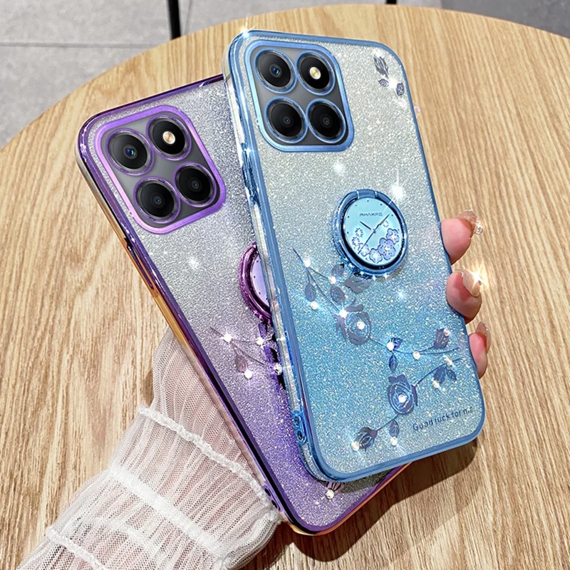 KADEM For Honor X6b 4G Case Ring Kickstand TPU Flowers Phone Cover Gradient Glitter - Purple