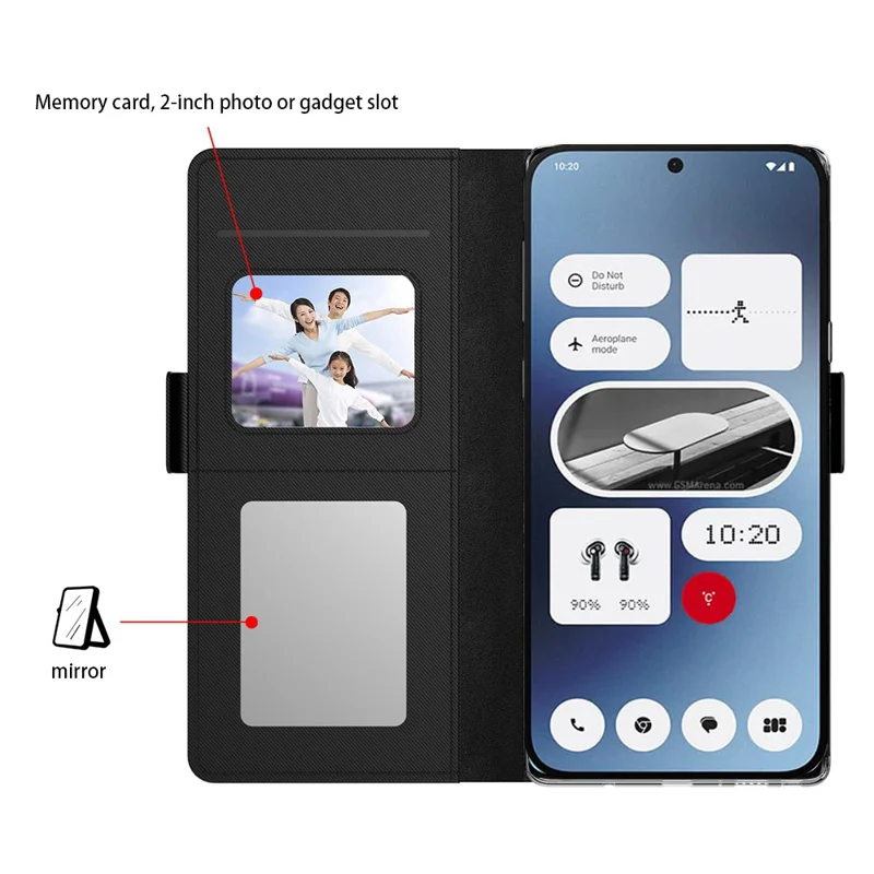 Capa de couro PU para telefone For Nothing CMF Phone 1, suporte, porta-cartão e espelho - Preto