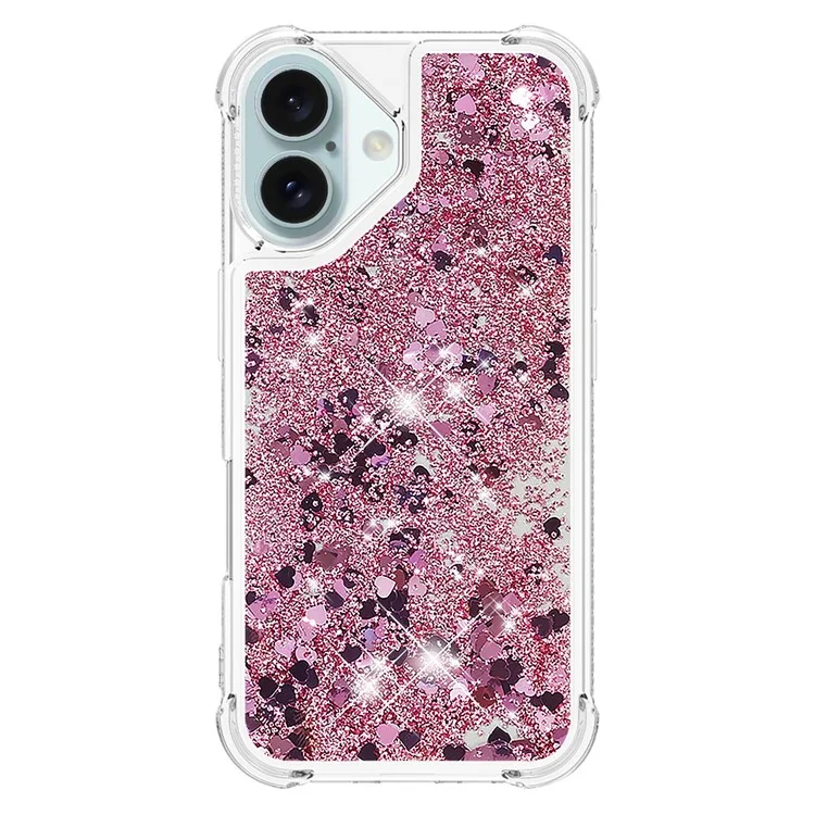 Série YB Quicksand-1 para iPhone 16 Plus Case Glitter Liquid Anti-Drop TPU Phone Cover - Rose Gold / Corações