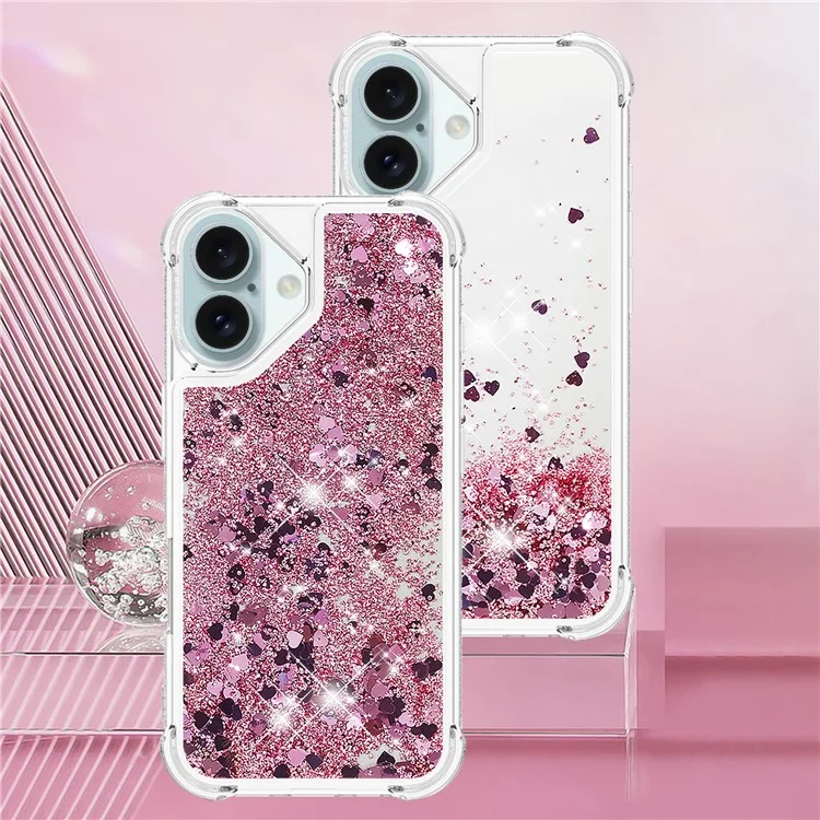 Série YB Quicksand-1 para iPhone 16 Plus Case Glitter Liquid Anti-Drop TPU Phone Cover - Rose Gold / Corações