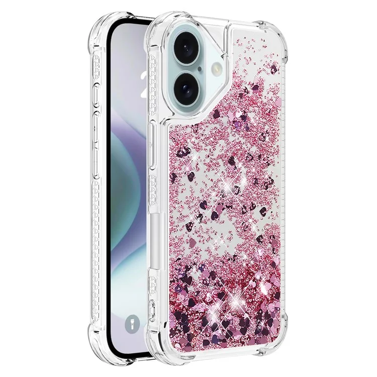 YB Quicksand Series-1 Für iPhone 16 Case Glitter Liquid Anti-Drop TPU Phone Cover - Rose Gold / Hearts