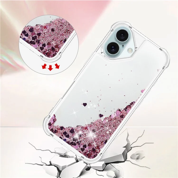 YB Quicksand Series-1 Für iPhone 16 Case Glitter Liquid Anti-Drop TPU Phone Cover - Rose Gold / Hearts