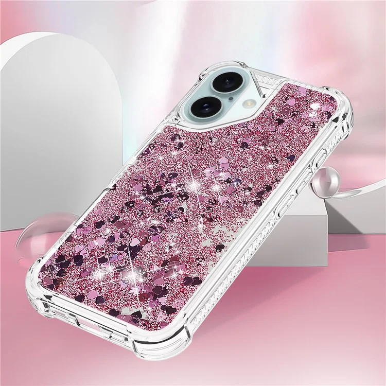 YB Quicksand Series-1 Für iPhone 16 Case Glitter Liquid Anti-Drop TPU Phone Cover - Rose Gold / Hearts