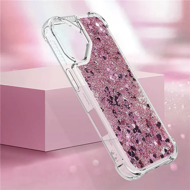 YB Quicksand Series-1 Für iPhone 16 Case Glitter Liquid Anti-Drop TPU Phone Cover - Rose Gold / Hearts