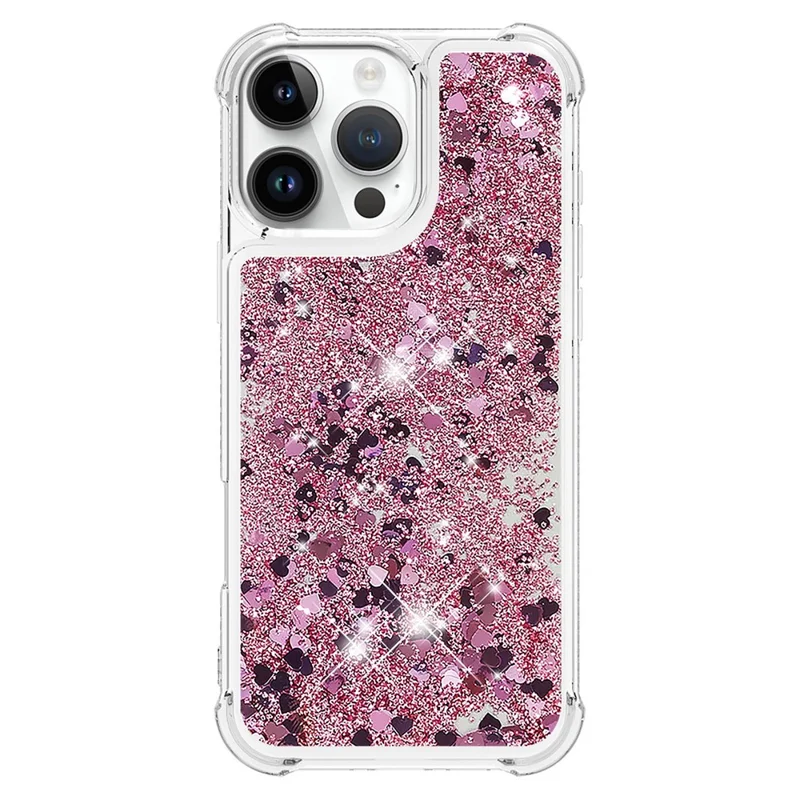 For iPhone 16 Pro Max TPU Case Glitter Quicksand Shockproof Phone Back Cover - Rose Gold  /  Hearts