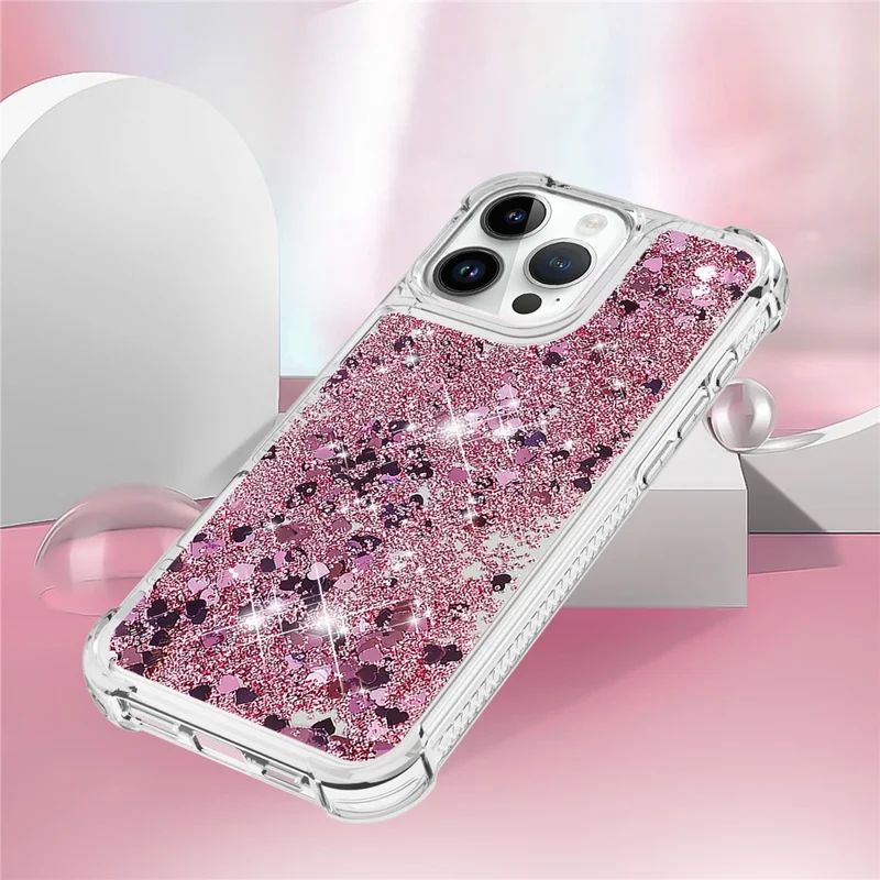For iPhone 16 Pro Max TPU Case Glitter Quicksand Shockproof Phone Back Cover - Rose Gold  /  Hearts