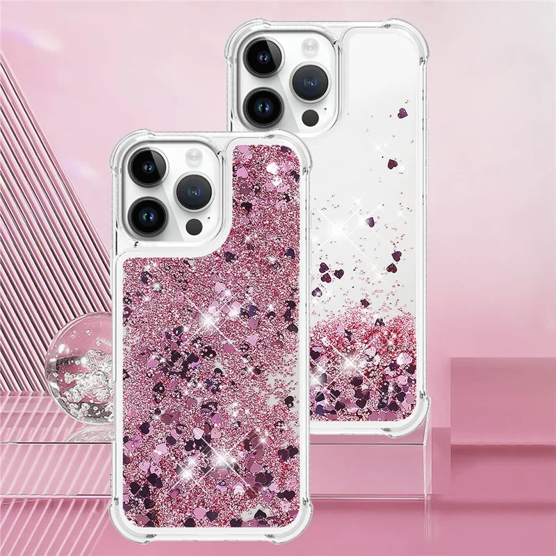 For iPhone 16 Pro Max TPU Case Glitter Quicksand Shockproof Phone Back Cover - Rose Gold  /  Hearts