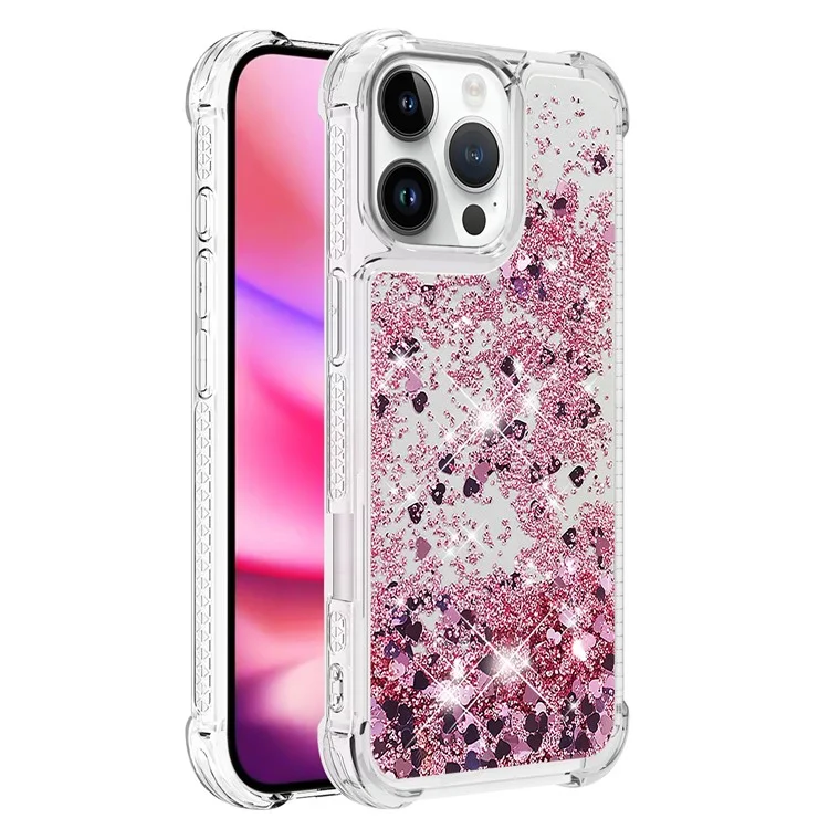 YB Quicksand Series-1 Pour iPhone 16 Pro Étui avec Paillettes Liquides Anti-Drop TPU Housse de Téléphone - Rose Gold / Coeurs