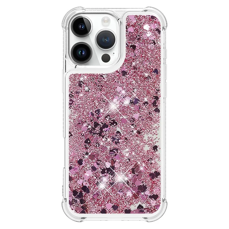 YB Quicksand Series-1 Pour iPhone 16 Pro Étui avec Paillettes Liquides Anti-Drop TPU Housse de Téléphone - Rose Gold / Coeurs