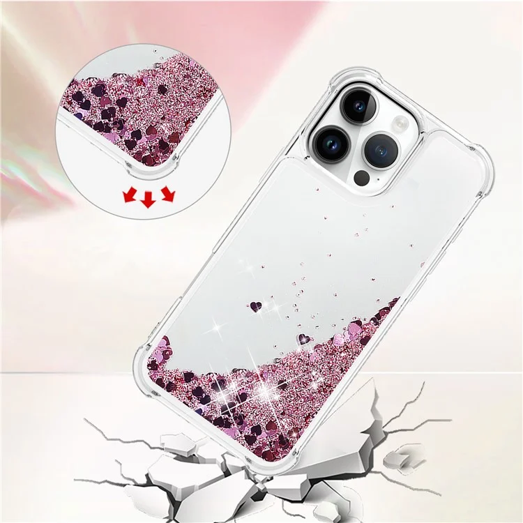 YB Quicksand Series-1 Pour iPhone 16 Pro Étui avec Paillettes Liquides Anti-Drop TPU Housse de Téléphone - Rose Gold / Coeurs