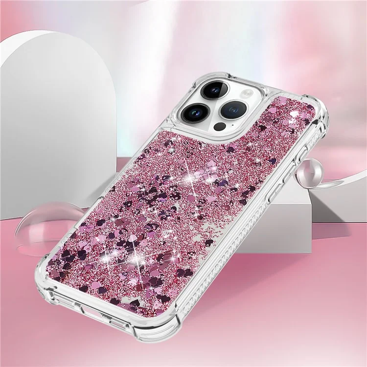 YB Quicksand Series-1 Pour iPhone 16 Pro Étui avec Paillettes Liquides Anti-Drop TPU Housse de Téléphone - Rose Gold / Coeurs