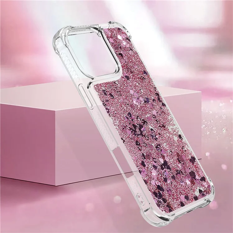 YB Quicksand Series-1 Pour iPhone 16 Pro Étui avec Paillettes Liquides Anti-Drop TPU Housse de Téléphone - Rose Gold / Coeurs