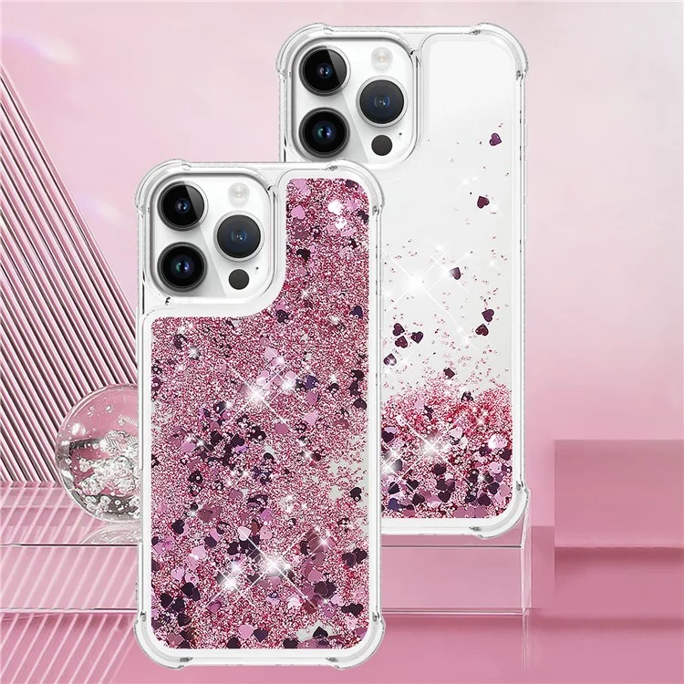YB Quicksand Series-1 Pour iPhone 16 Pro Étui avec Paillettes Liquides Anti-Drop TPU Housse de Téléphone - Rose Gold / Coeurs