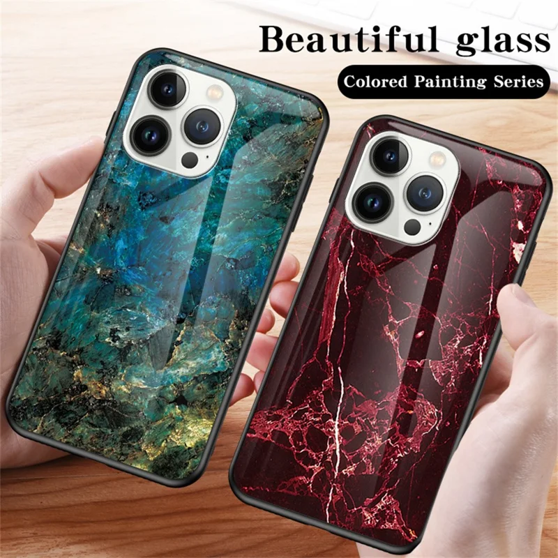 Für iPhone 16 Pro Case Marble Pattern Tempered Glass+PC+TPU Protective Phone Cover - Emerald Marble