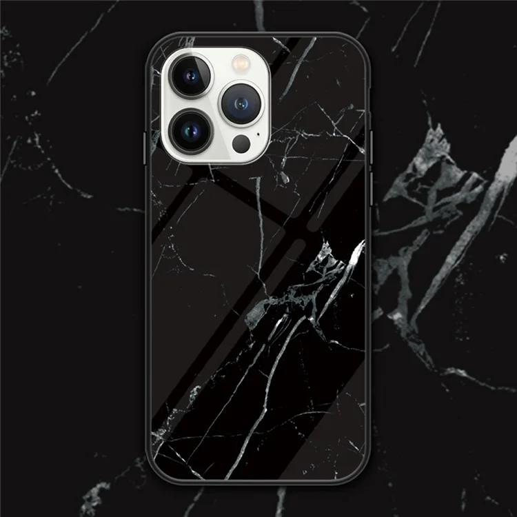 Per iPhone 16 Pro Max Case Marble Pattern Tempered Glass+PC+TPU Protective Phone Cover - Black Marble
