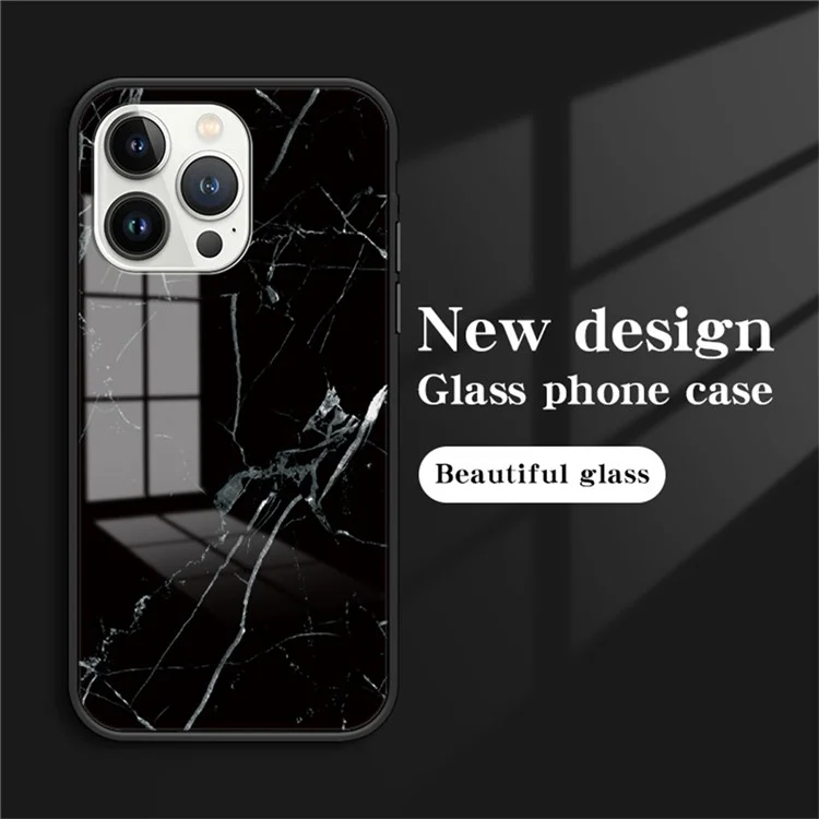 Per iPhone 16 Pro Max Case Marble Pattern Tempered Glass+PC+TPU Protective Phone Cover - Black Marble