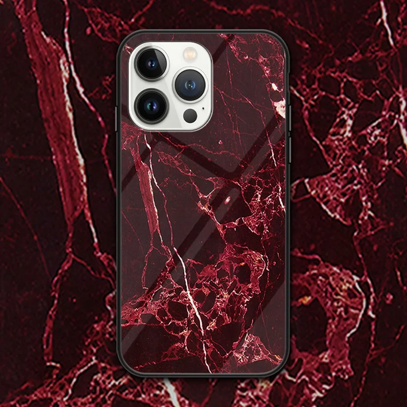 For iPhone 16 Pro Max Case Marble Pattern Tempered Glass + PC + TPU Protective Phone Cover - Blood Red Marble
