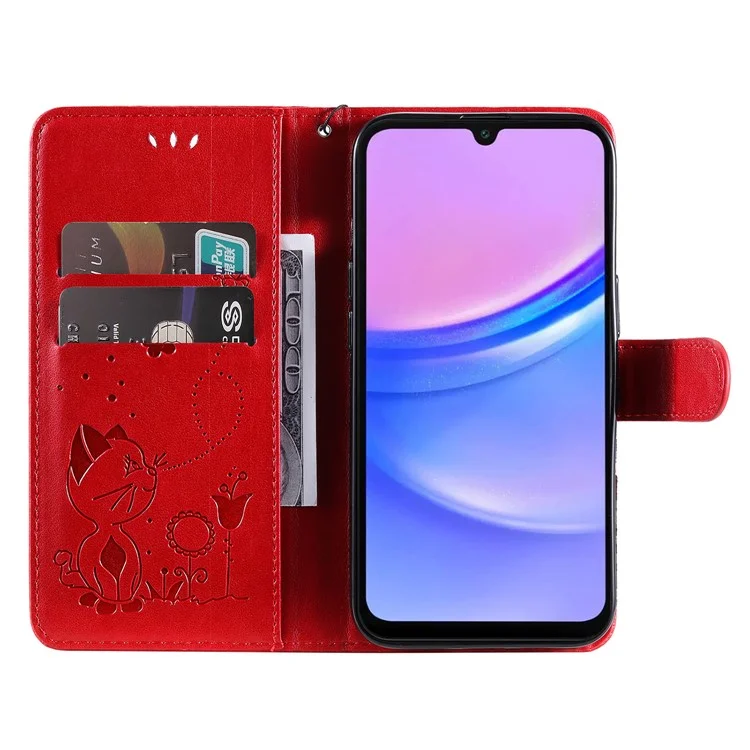 KT Imprinting Flower Series-4 Per Samsung Galaxy A16 5G / A16 4G Custodia Cat Bee Pattern Flip Leather Phone Cover - Rosso