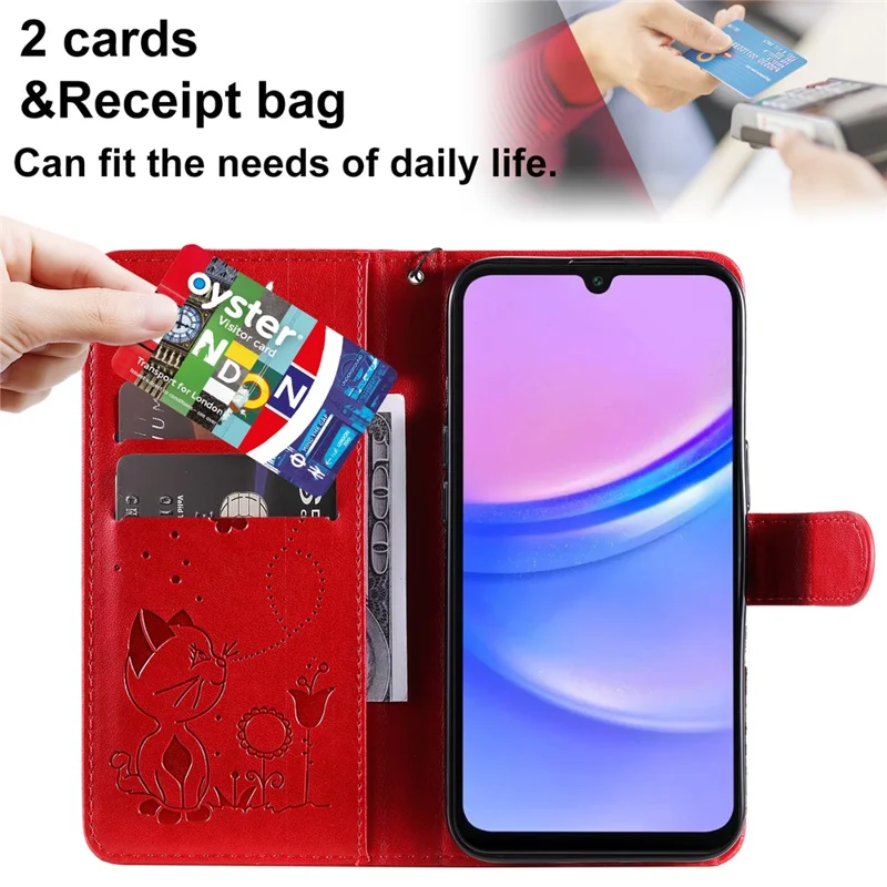 KT Imprinting Flower Series-4 Per Samsung Galaxy A16 5G / A16 4G Custodia Cat Bee Pattern Flip Leather Phone Cover - Rosso