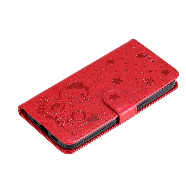 KT Imprinting Flower Series-4 Per Samsung Galaxy A16 5G / A16 4G Custodia Cat Bee Pattern Flip Leather Phone Cover - Rosso