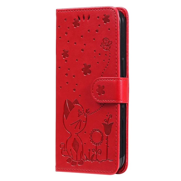 KT Imprinting Flower Series-4 Per Samsung Galaxy A16 5G / A16 4G Custodia Cat Bee Pattern Flip Leather Phone Cover - Rosso