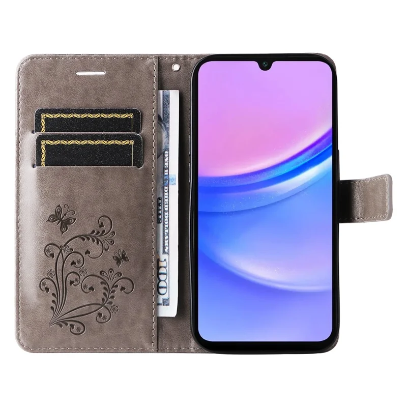 For Samsung Galaxy A17 5G / A17 4G / A26 5G / A16 5G / A16 4G Wallet Case Floral Butterfly Imprinted Leather Phone Cover Stand - Grey