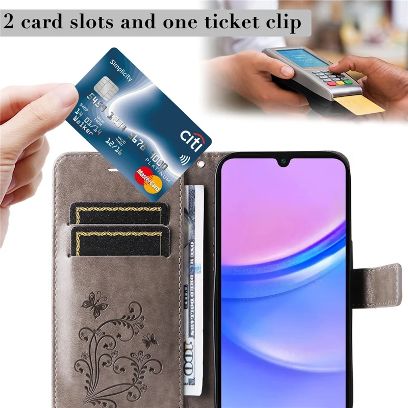 For Samsung Galaxy A17 5G / A17 4G / A26 5G / A16 5G / A16 4G Wallet Case Floral Butterfly Imprinted Leather Phone Cover Stand - Grey