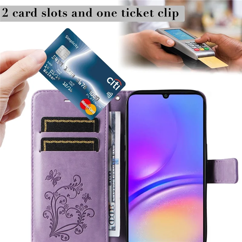 For Samsung Galaxy A07 5G / A06 4G / A06 5G Wallet Case Floral Butterfly Imprinted Leather Phone Cover Stand - Light Purple
