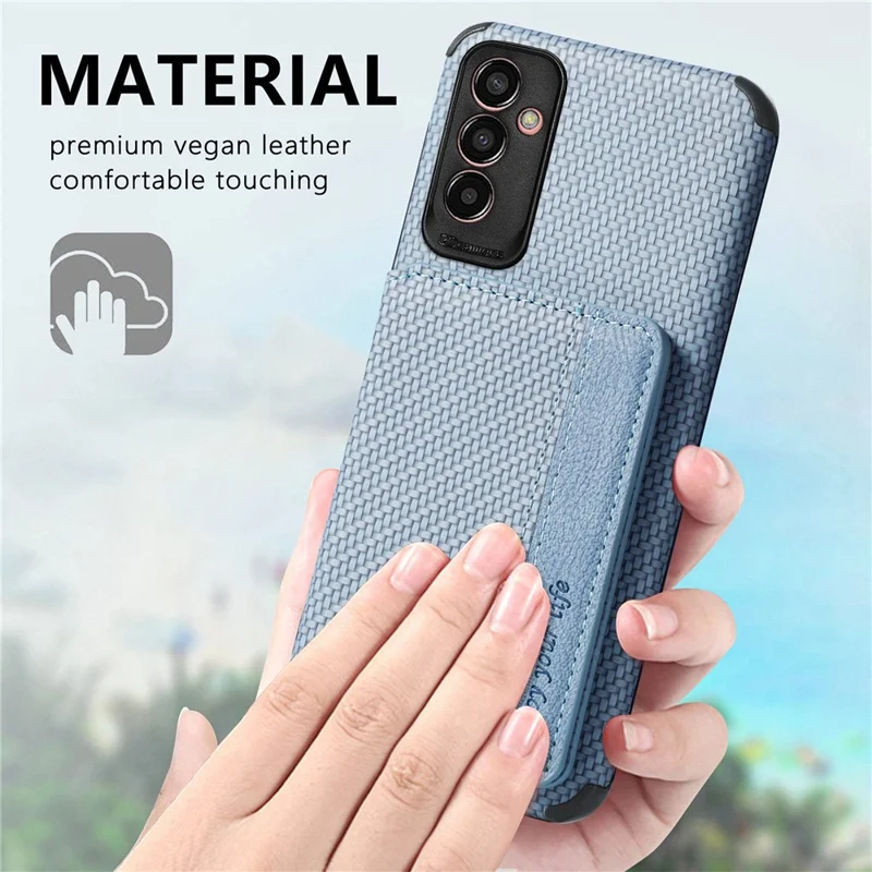 Per Samsung Galaxy M13 4G RFID Blocking Whatet Case Fibra di Carbonio Fibra PU Copertura Protettiva TPU Rivestita in Pelle Con Cavalletto - Cachi