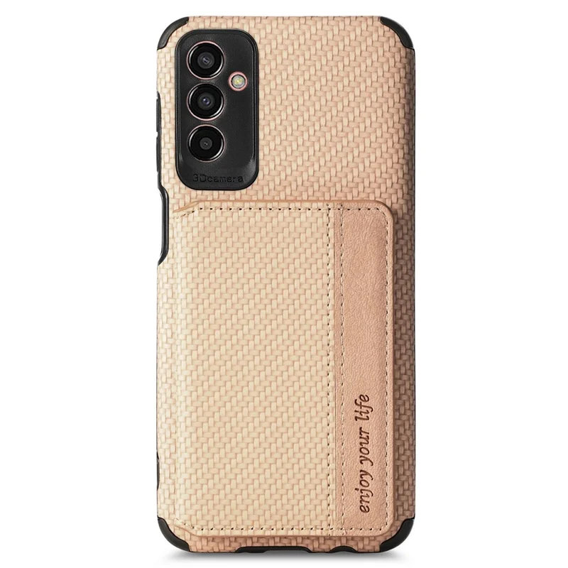 Per Samsung Galaxy M13 4G RFID Blocking Whatet Case Fibra di Carbonio Fibra PU Copertura Protettiva TPU Rivestita in Pelle Con Cavalletto - Cachi