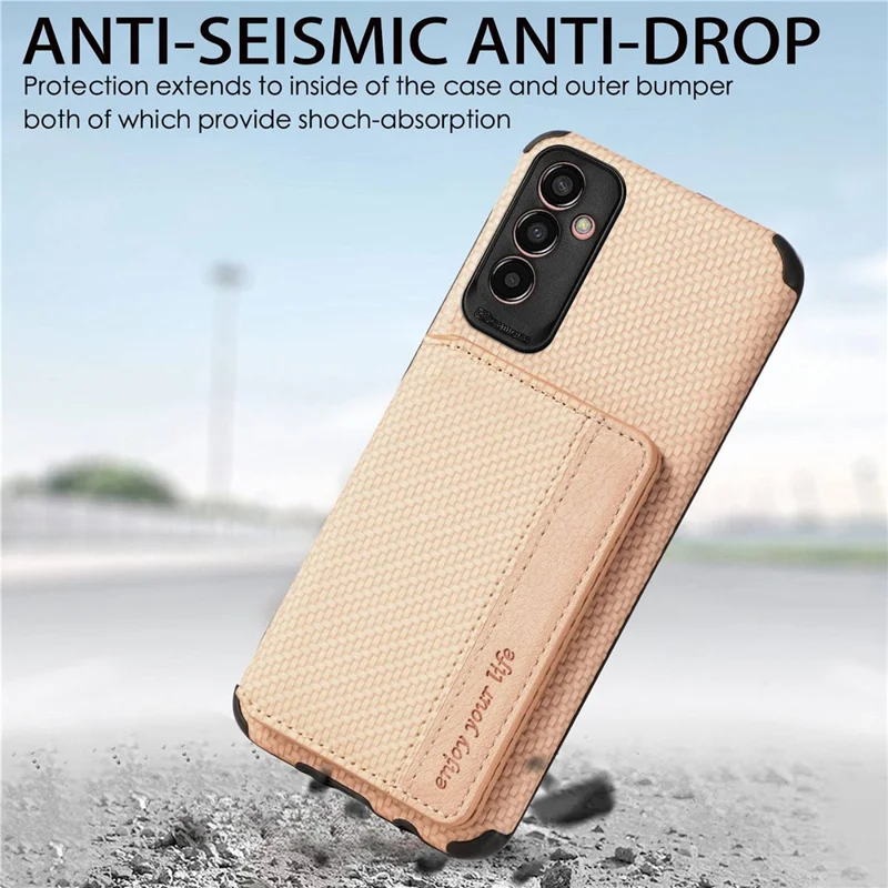 Per Samsung Galaxy M13 4G RFID Blocking Whatet Case Fibra di Carbonio Fibra PU Copertura Protettiva TPU Rivestita in Pelle Con Cavalletto - Cachi