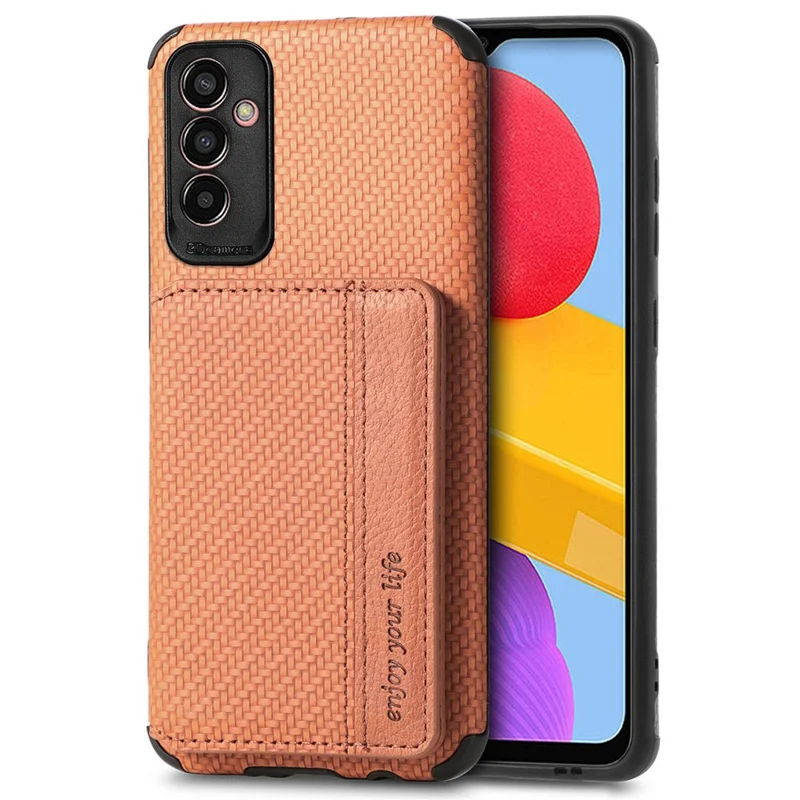 For Samsung Galaxy M13 4G RFID Blocking Wallet Case Carbon Fiber Texture PU Leather Coated TPU Protective Cover with Kickstand - Brown