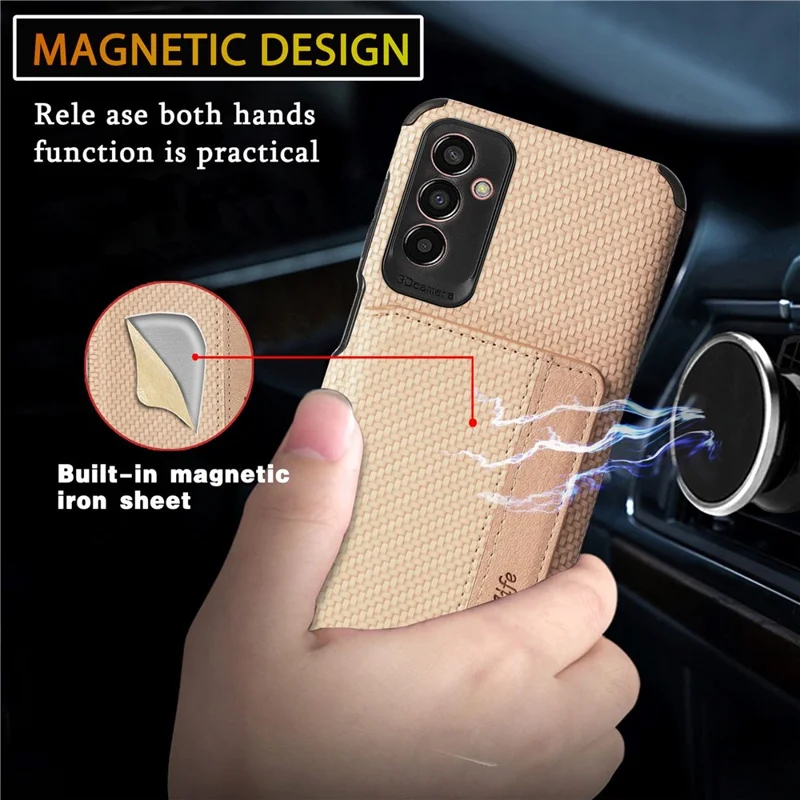 For Samsung Galaxy M13 4G RFID Blocking Wallet Case Carbon Fiber Texture PU Leather Coated TPU Protective Cover with Kickstand - Brown