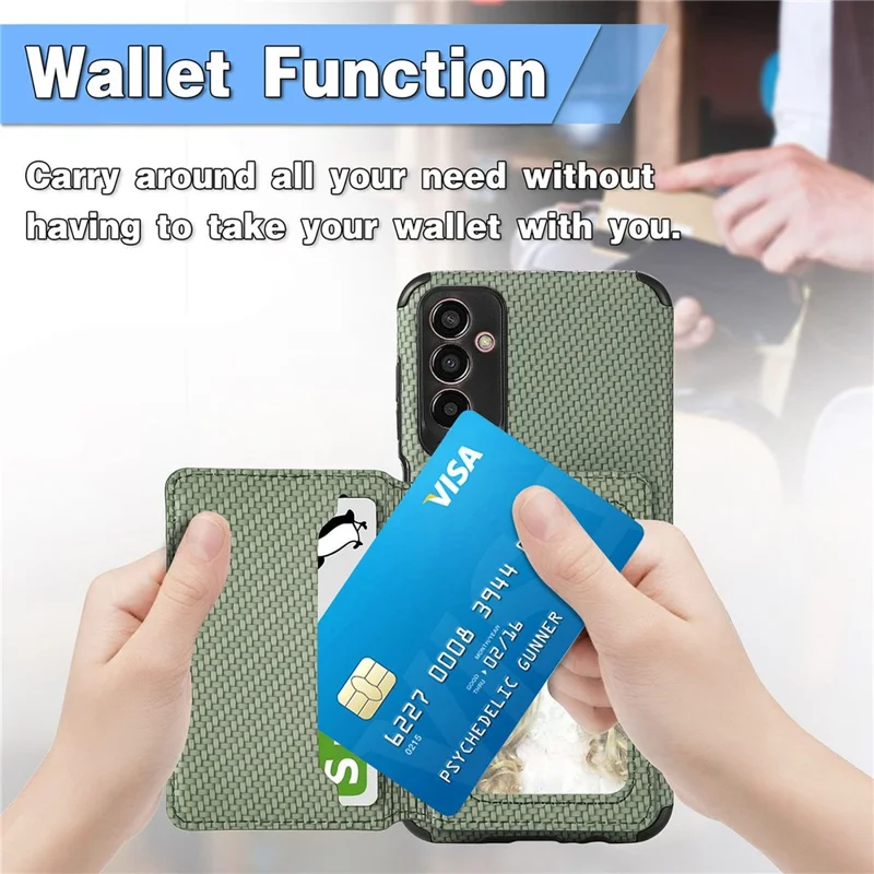 For Samsung Galaxy M13 4G RFID Blocking Wallet Case Carbon Fiber Texture PU Leather Coated TPU Protective Cover with Kickstand - Brown