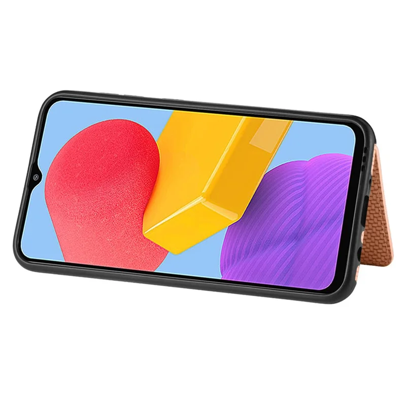 For Samsung Galaxy M13 4G RFID Blocking Wallet Case Carbon Fiber Texture PU Leather Coated TPU Protective Cover with Kickstand - Brown