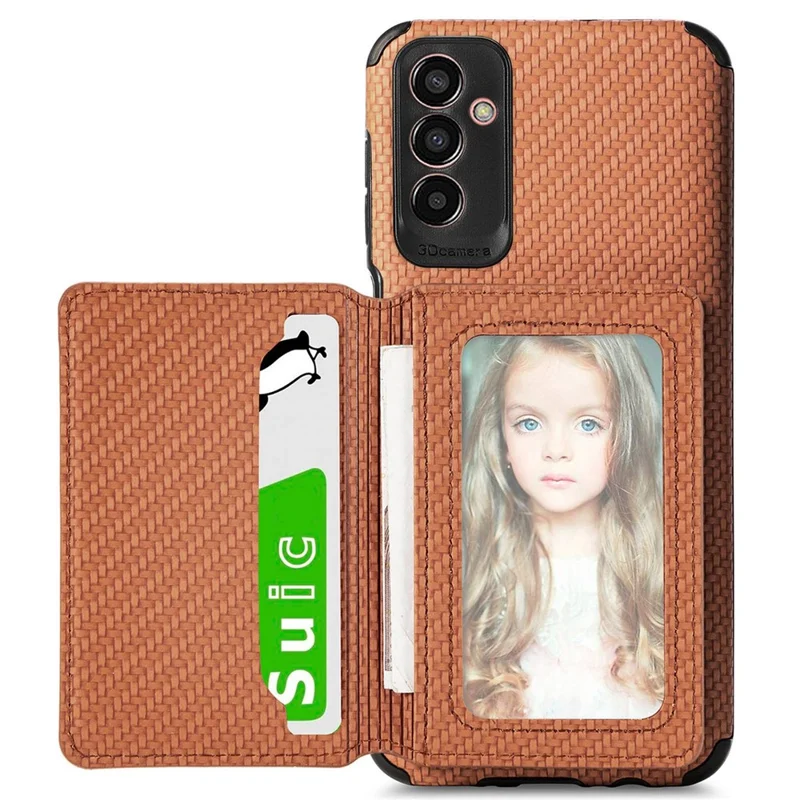 For Samsung Galaxy M13 4G RFID Blocking Wallet Case Carbon Fiber Texture PU Leather Coated TPU Protective Cover with Kickstand - Brown