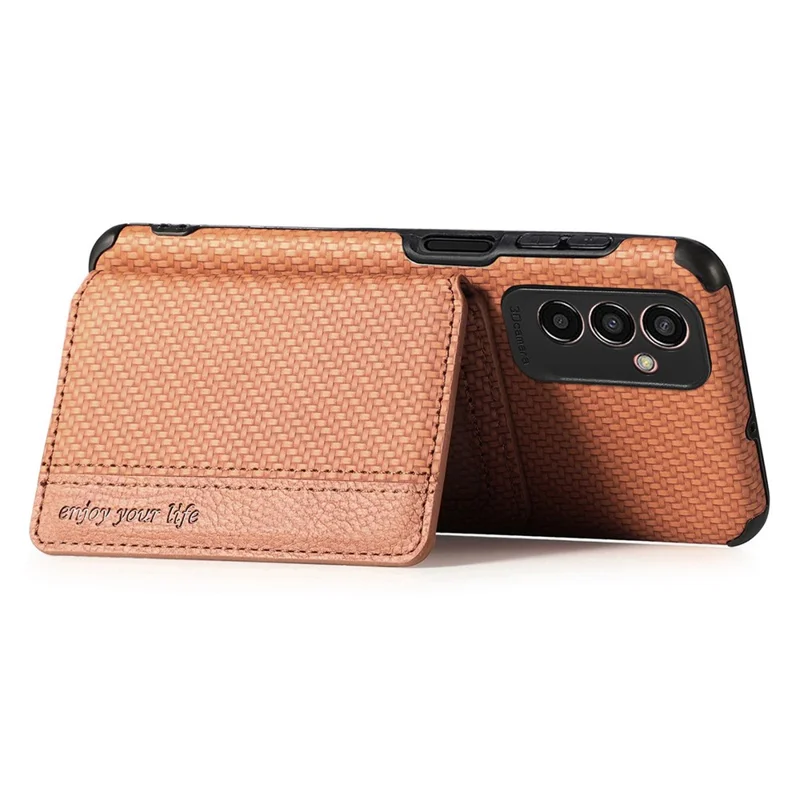 For Samsung Galaxy M13 4G RFID Blocking Wallet Case Carbon Fiber Texture PU Leather Coated TPU Protective Cover with Kickstand - Brown
