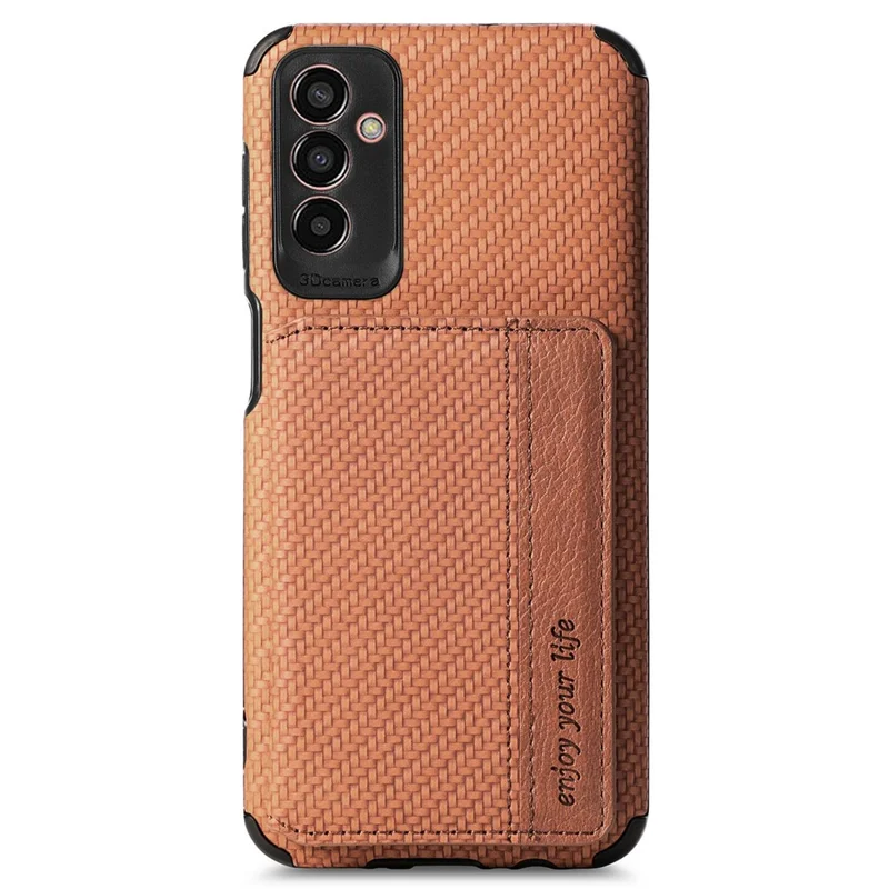 For Samsung Galaxy M13 4G RFID Blocking Wallet Case Carbon Fiber Texture PU Leather Coated TPU Protective Cover with Kickstand - Brown