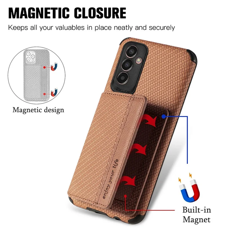 For Samsung Galaxy M13 4G RFID Blocking Wallet Case Carbon Fiber Texture PU Leather Coated TPU Protective Cover with Kickstand - Brown