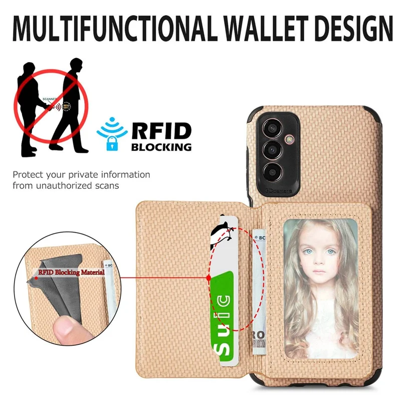 For Samsung Galaxy M13 4G RFID Blocking Wallet Case Carbon Fiber Texture PU Leather Coated TPU Protective Cover with Kickstand - Brown