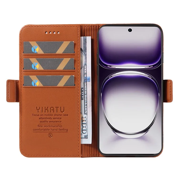 YIKATU YK-003 For Oppo Reno12 5G (Global) Case Wallet Stand Leather Phone Cover Side Buckle - Brown