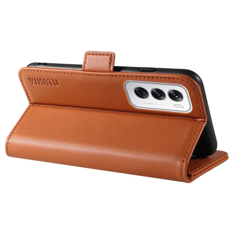 YIKATU YK-003 For Oppo Reno12 5G (Global) Case Wallet Stand Leather Phone Cover Side Buckle - Brown