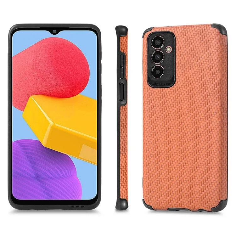 Carbon Fiber Texture Phone Cover for Samsung Galaxy M13 4G, Drop-proof PU Leather Coated TPU Anti-scratch Case - Brown