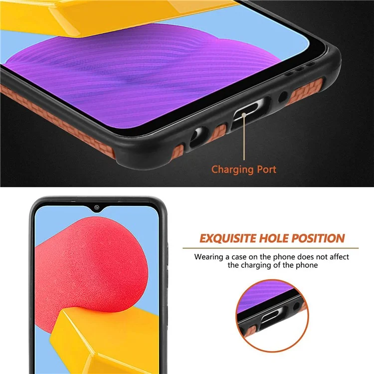 Carbon Fiber Texture Phone Cover for Samsung Galaxy M13 4G, Drop-proof PU Leather Coated TPU Anti-scratch Case - Brown
