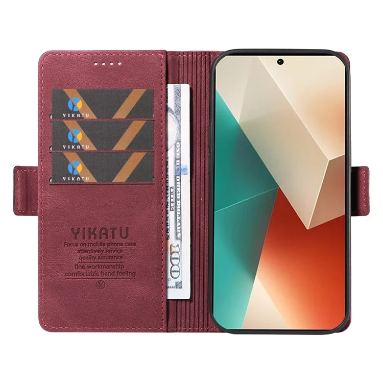 YIKATU YK-005 For Xiaomi Poco X6 5G / Redmi Note 13 Pro 5G Case PU Leather Wallet Phone Cover Skin Touch Feeling - Wine Red