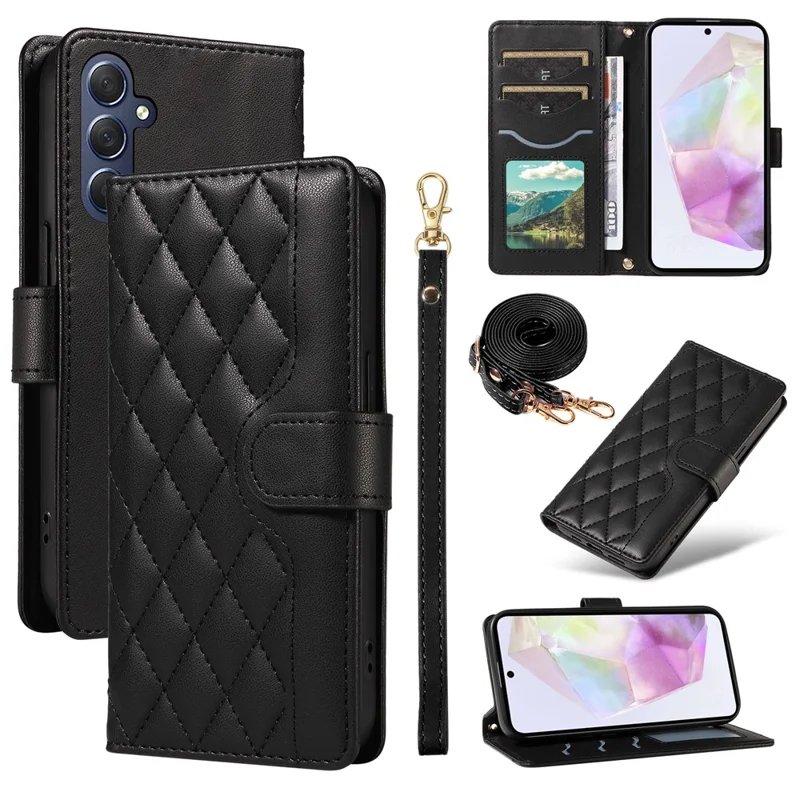 Для Samsung Galaxy A35 5G Case Wallet Rombus Кожаный Телефон с Плечевым Ремешком, Ремешком Для Запястья - Черный